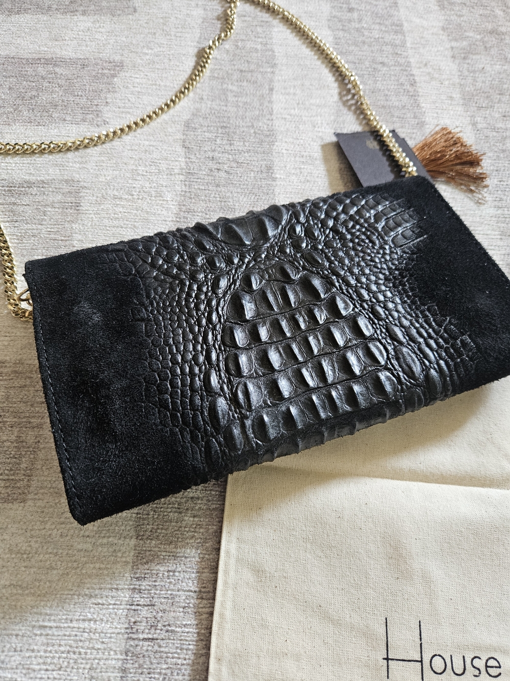 NEW House of Harlow 1960 Black 100% Real Italian Leather Croc Chain Clutch Purse - Picture 9 of 9
